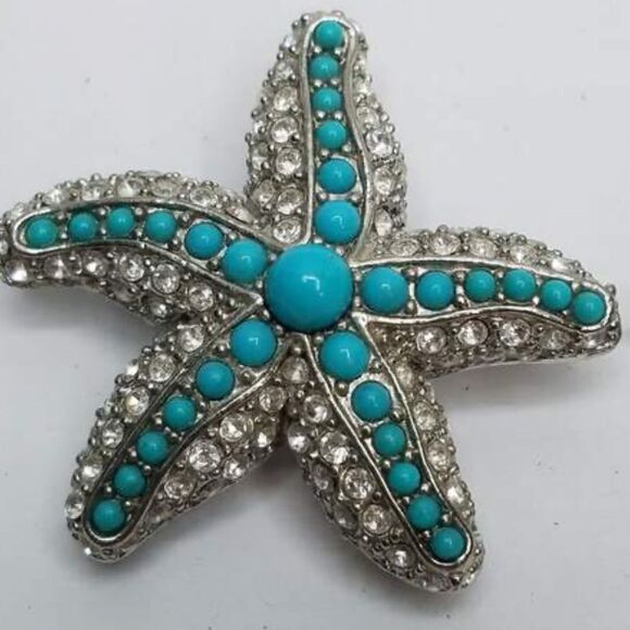 Stella & Dot Silver Tone Faux Turquoise Rhinestone Starfish Brooch Pendant - Picture 4 of 9
